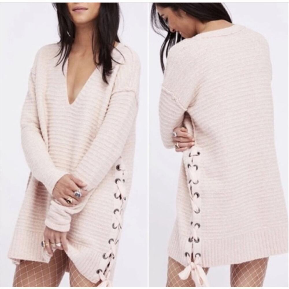 Free People Womens Heart It Lace-Up Sweater Size Small S Pink Dress Boho